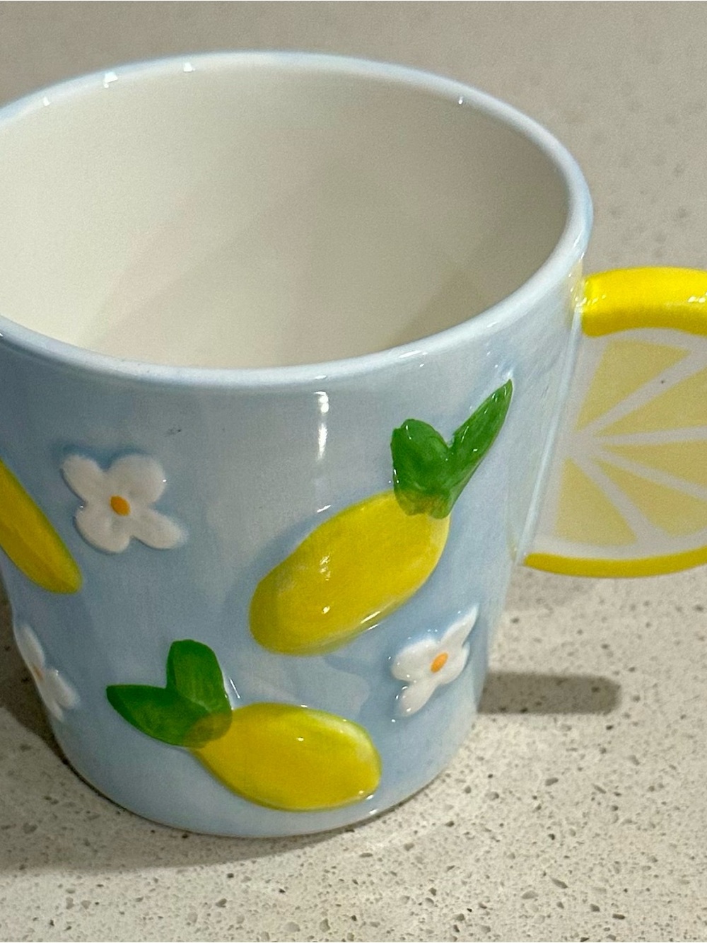 Hobby Lobby Blue Lemon Pattern Ceramic Mug with Yellow Handle Accent